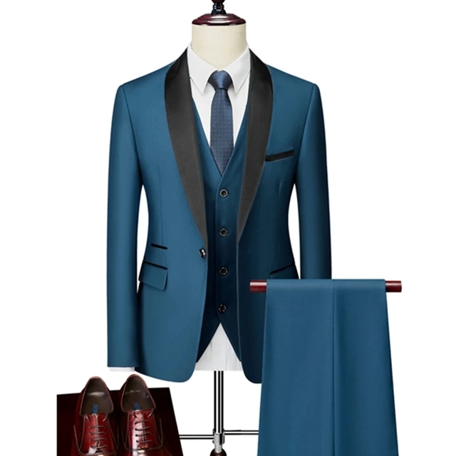 Men Skinny 3 Pieces Set Formal Slim Fit Tuxedo Prom Suit / Male Groom Wedding Blazers High Quality Dress Jacket Coat Pants Vest - 3 Pcs set hu lan, Asian 3XL is US L