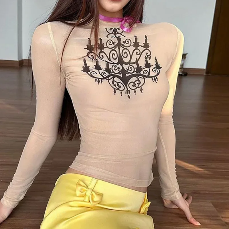 

WeiYao Candle Chandelier Printed Mesh T-shirt Sheer Round Neck Long Sleeve Tops for Women Gothic Sexy Top To See Through Sale