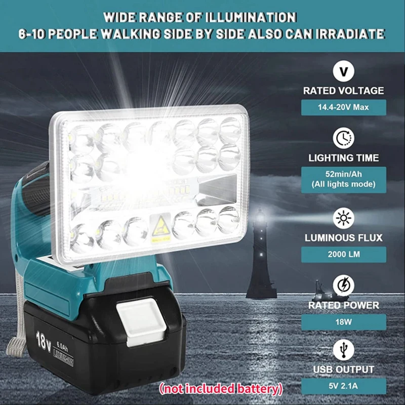 

18V LED Working Lamp Flashlight Outdoor Spotlight Light for Makita BL1430 BL1830 Lithium Battery USB Outdoor Lighting