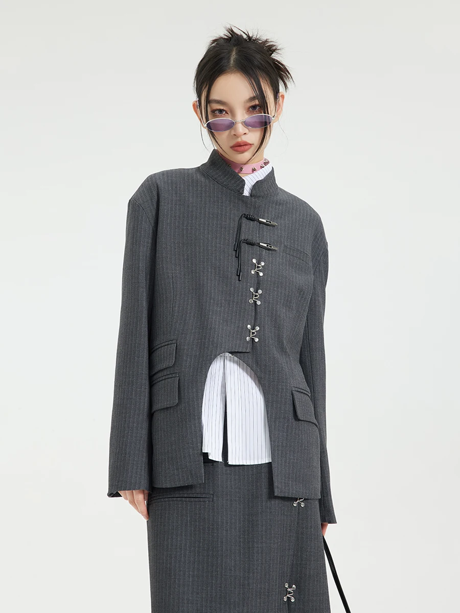 New Chinese Striped Suit Autumn Niche Design Chinese Style Improved Chinese Style Coat for Women