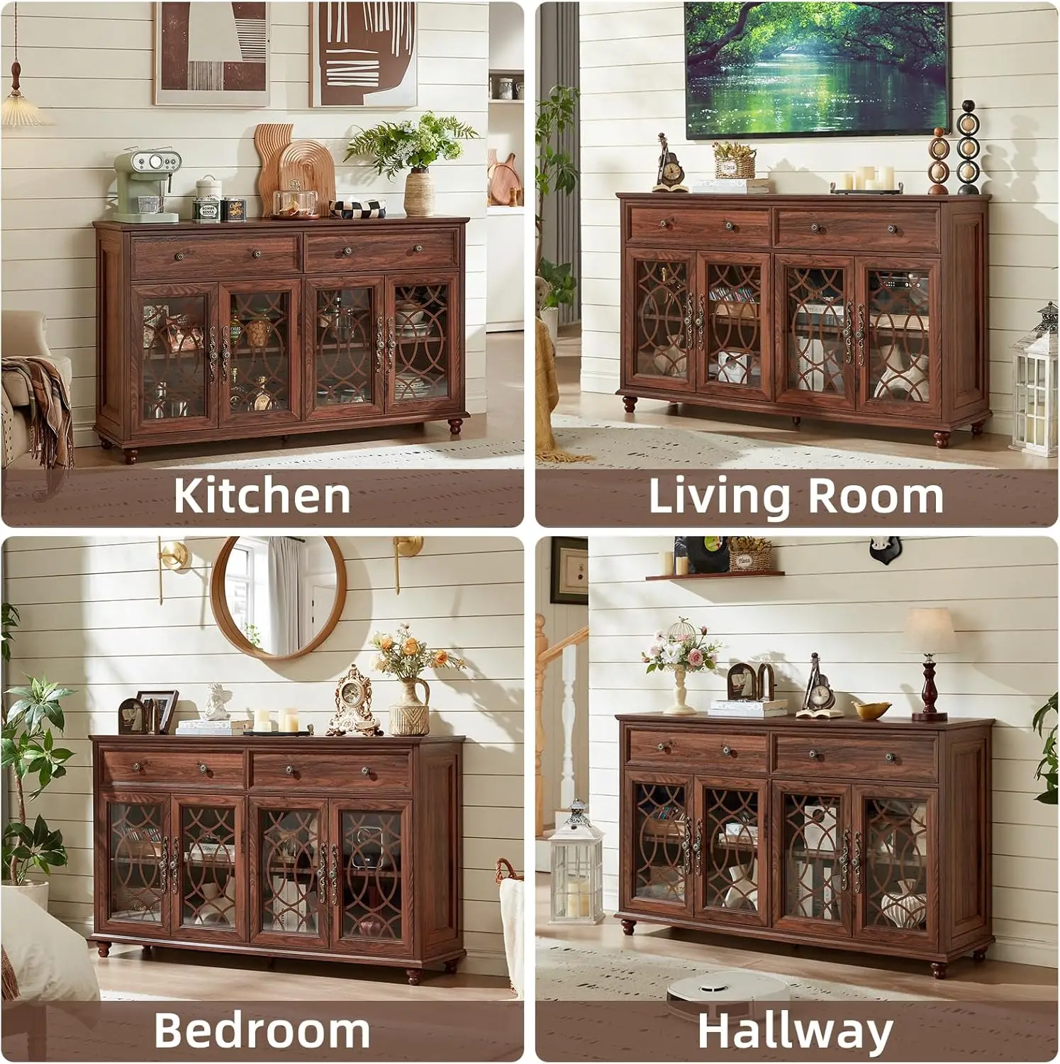 Farmhouse Sideboard Buffet Cabinet with Storage,59" Large Credenza with 4 Glass Doors & 2 Drawers,Adjustable Shelves Console Tab