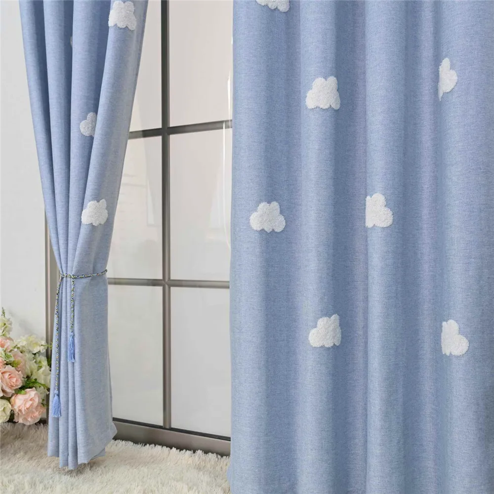 Kid\'s Cute Cartoon Clouds Curtains for Living Room Blue Semi-Blackout White Cloudy Curtains for BOYS AND GIRLS  #VT
