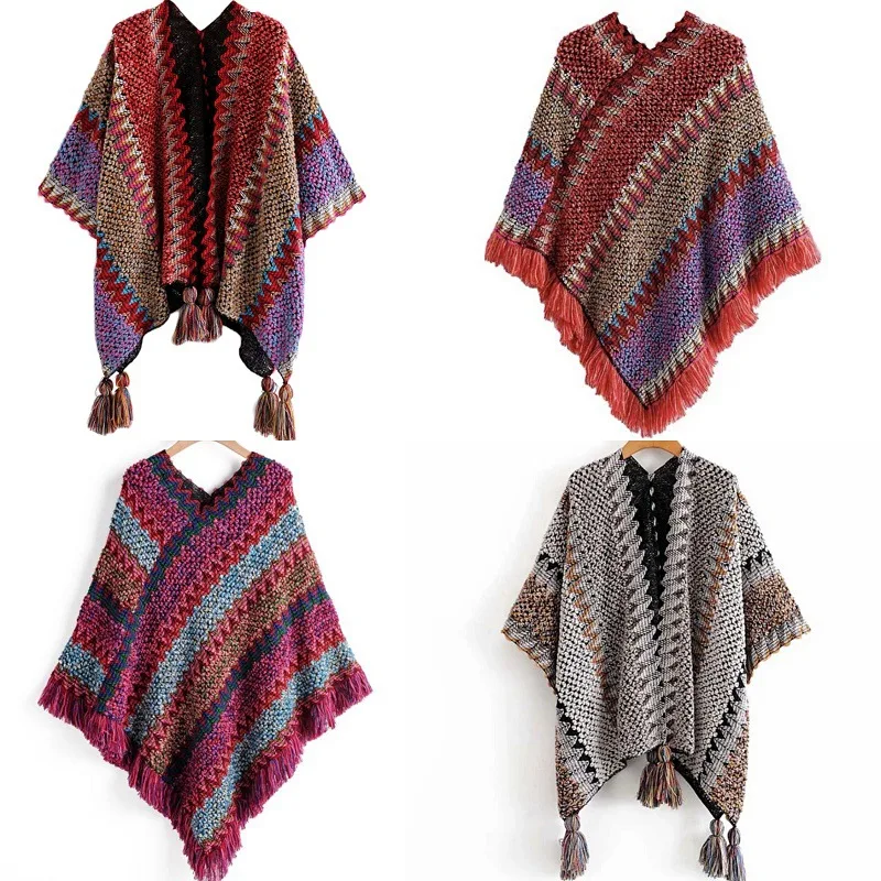 

Ethnic Style Shawl Knitted Pullover, Loose Sweater, Vintage Tassel, Holiday, Tourism Cloak, Elegant, Feathe, New, Colorful