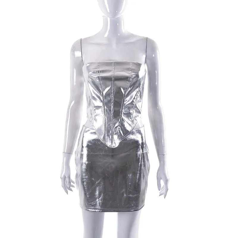 SKMY 2 Piece Sets Women Outfit 2023 Summer New PU Leather Chest Wrap Fishbone Crop Top Skirt Set Solid Color Sexy Party Clubwear