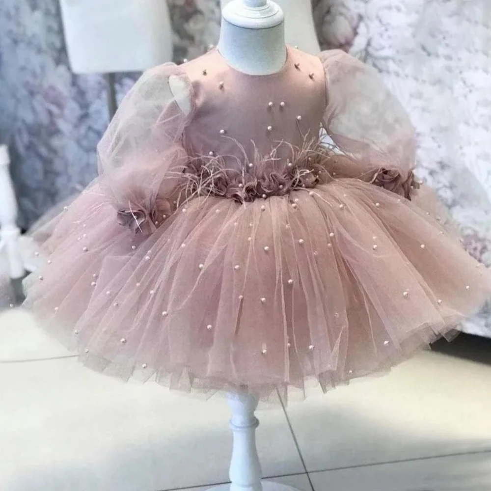 

Satin Puffy Flower Girl Dress For Wedding Pink Tulle Pearls With Feather Baby Kid First Communion Birthday Party Prom Ball Gown