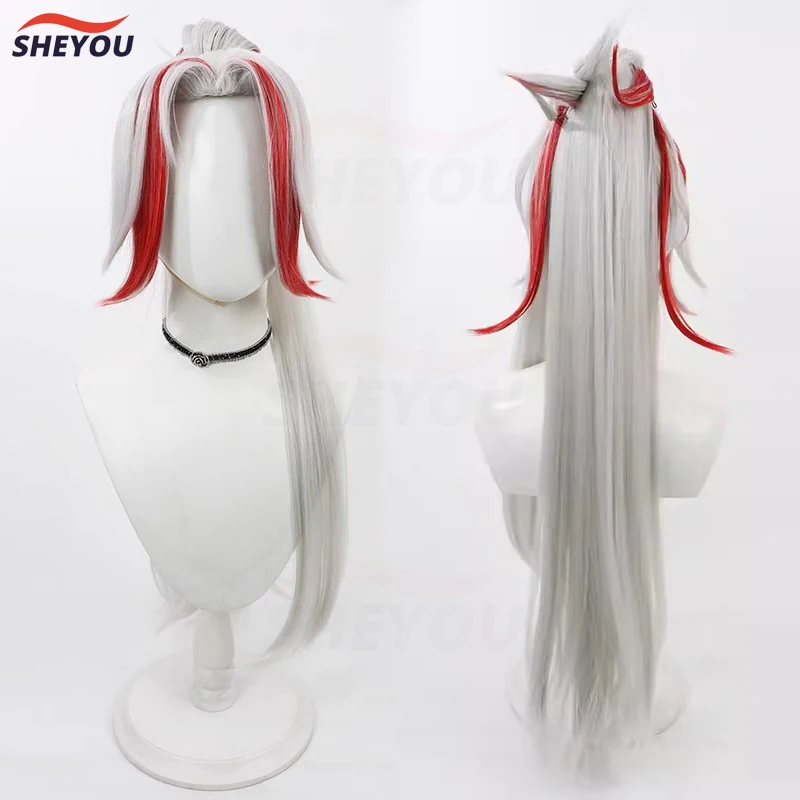 

Heartsteel Yone Cosplay Wig Game LOL Yone Long Gray White Red With Ponytail Heat Resistant Synthetic Hair Wigs + Wig Cap