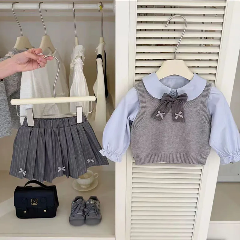 Autumn Kids Preppy Style Vest Shirt Skirt Set
