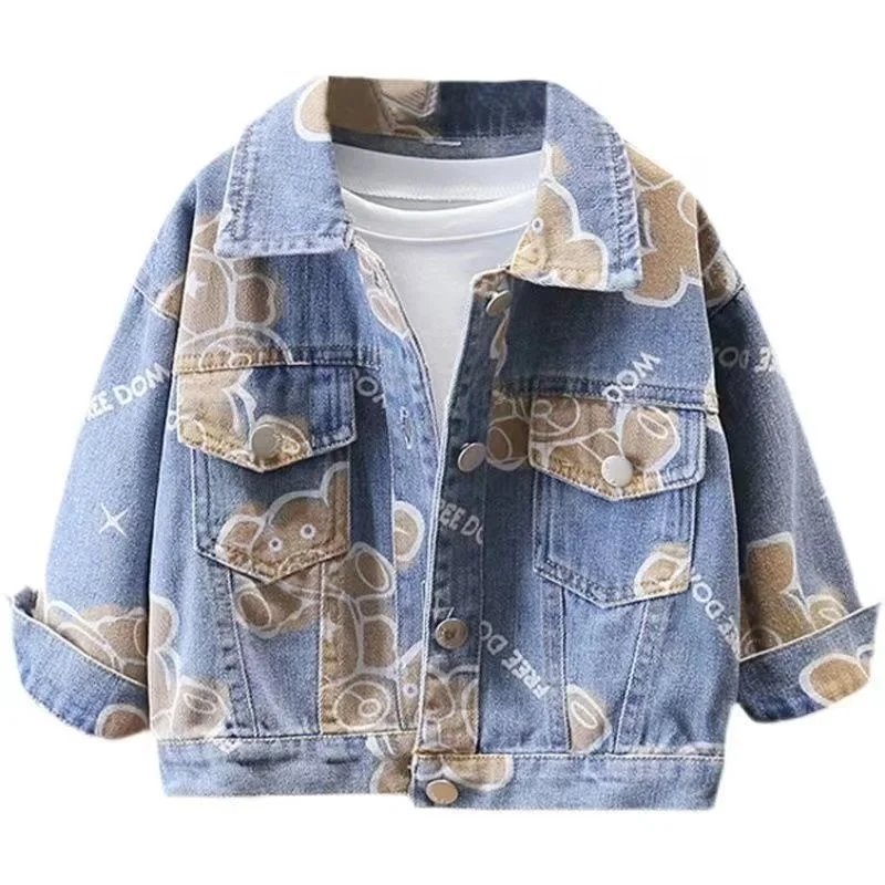 

Весенняя джинсовая куртка с синим медведем, джинсовая куртка в Корейском стиле для маленьких девочек, детская одежда, куртки для девочек-подростков, женская одежда, детская верхняя одежда
