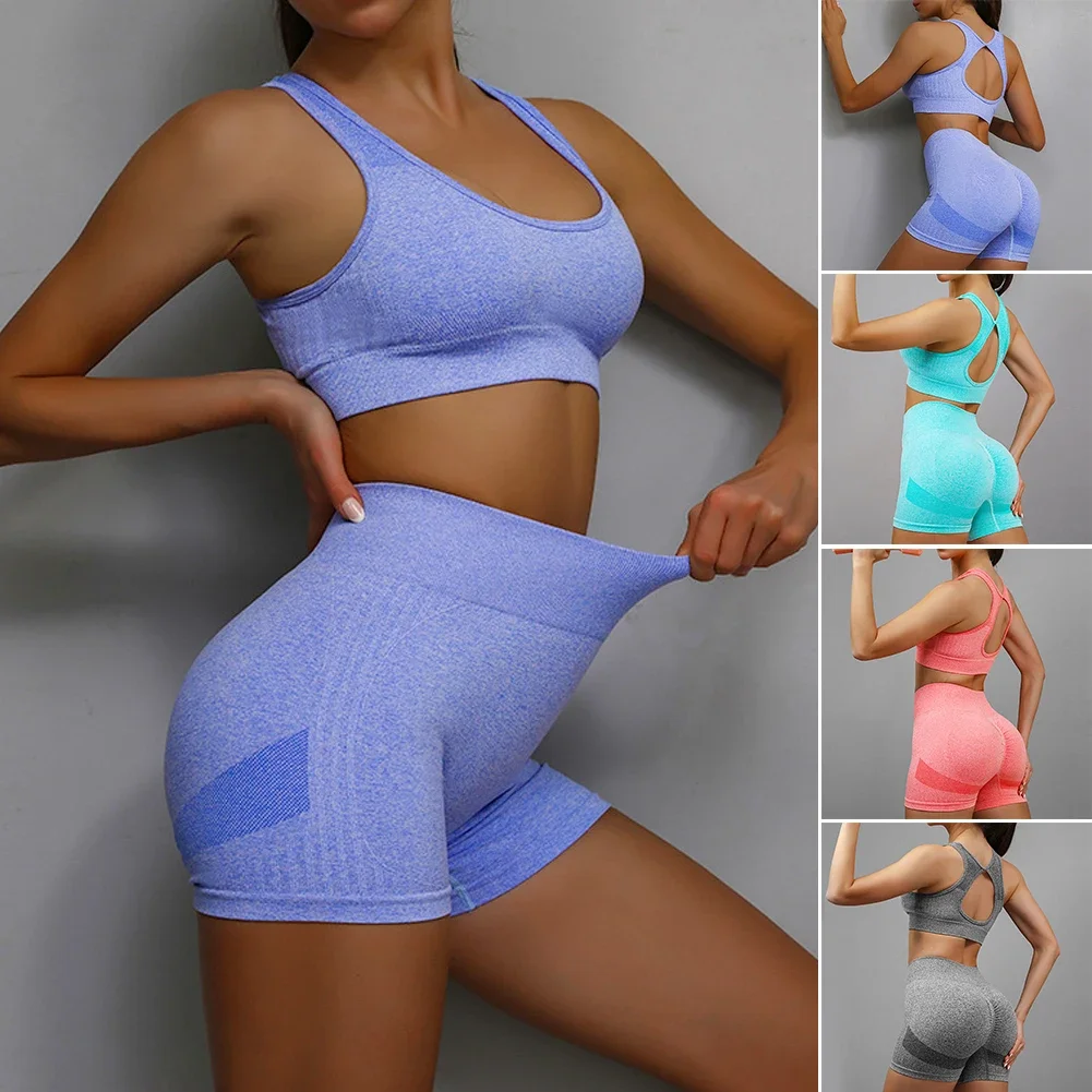 2Pcs/set Yoga Sets Naked Feel Gym Set Women Workout Clothes High Waist Yoga Shorts and Strappy Sports Bra Short Sets Summer
