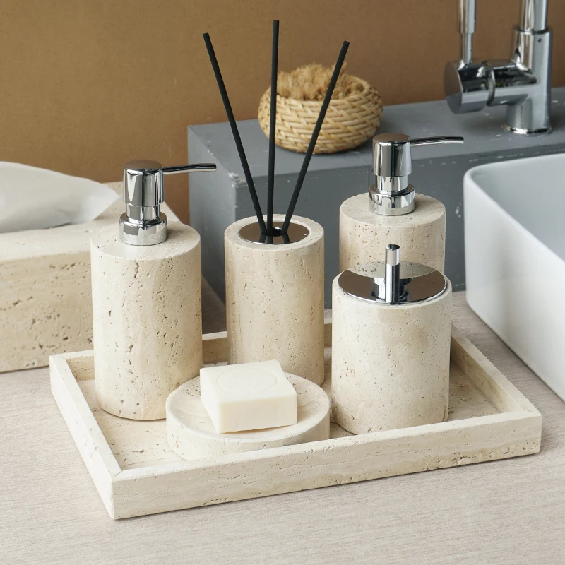 Beige Travertine Bathroom Accessories Set Natural Marble Soap Dispenser Soap Dish Reed Diffuser Vanity Tray