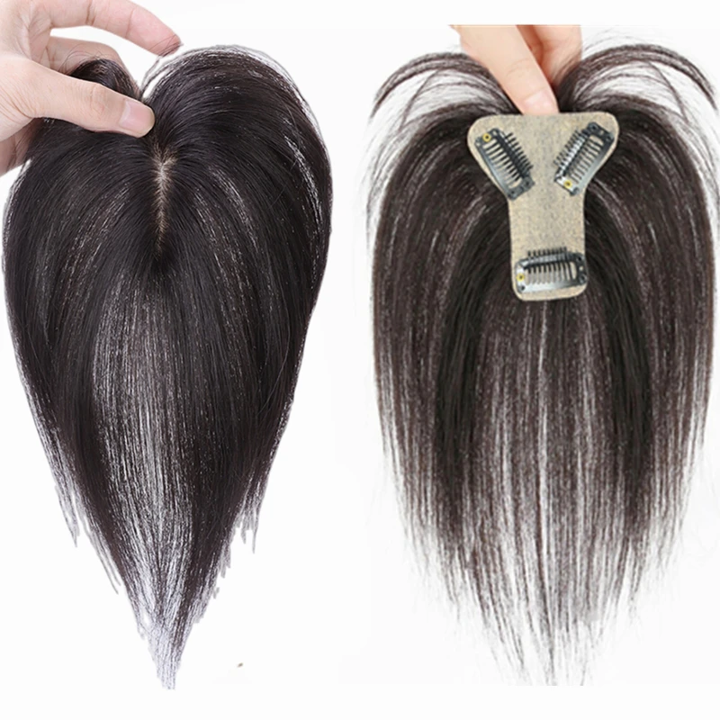 Human Hair Toppers Silk Hair Toppers 7x8cm Slik Human Hair Toppers For Women Thin Clip In Topper 3D Air Bangs Hairpieces for Hair Loss Volume Cover Grey