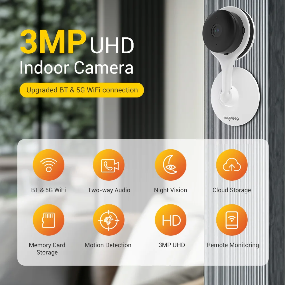 Boykeep WiFi Camera, 3MP 2K HD Video, Night Vision, Two-Way Audio, Motion Tracking, Local/Cloud Storage, Alexa Echo Show Compati 6