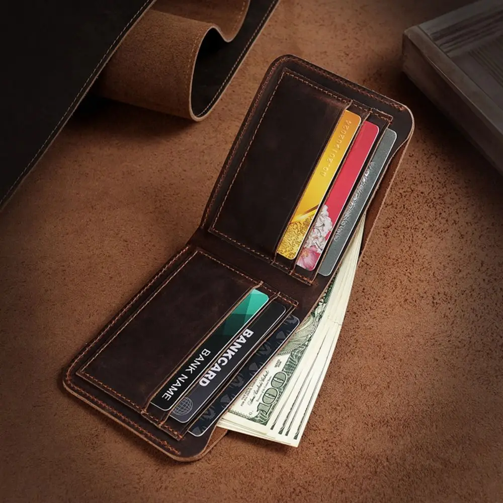 

Genuine Leather Men Purses Large Capacity Brown Slim Credit Card Holder Vintage Portable Money Pocket Daily