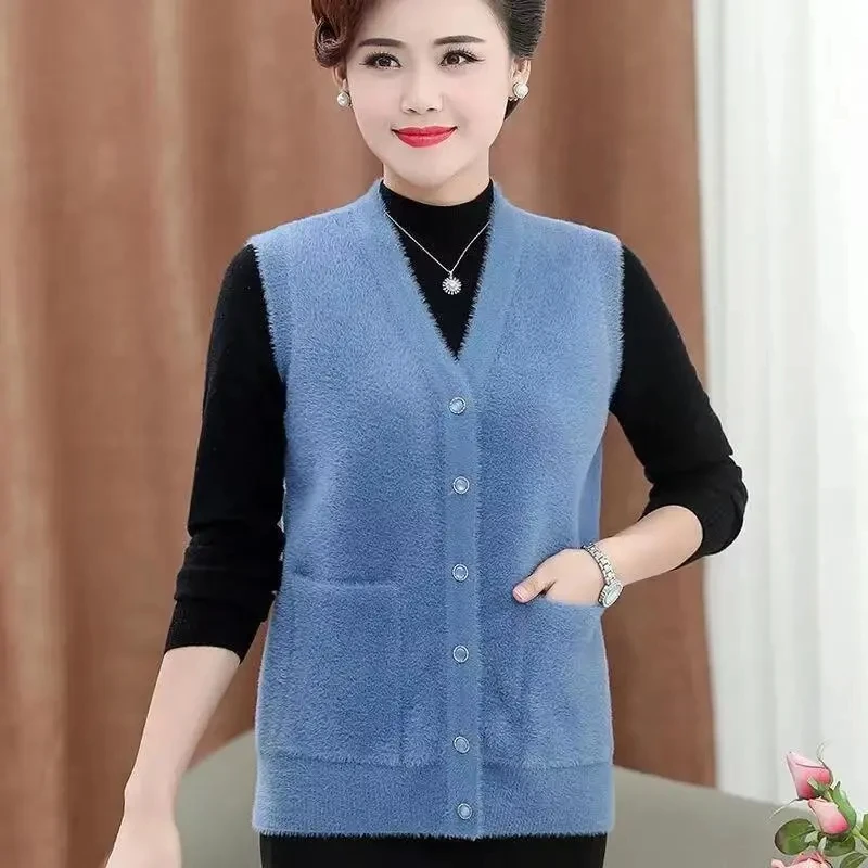 

Mother's Autumn Winter Waistcoat Jacket 6xl Sweater Cardigan Sleeveless Coat Thicken Warm Vest Outwear Short Women's Casual Tops