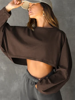 Crop neck hoodie short sports base shirt T-shirt knit shirt long sleeve top for women 1