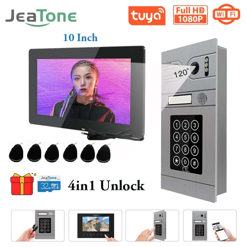 

Jeatone Tuya 10 Inch Video Intercom Doorphone Touch Screen Camera Doorbell 1080P Motion Detection Password Card Monitor unlock