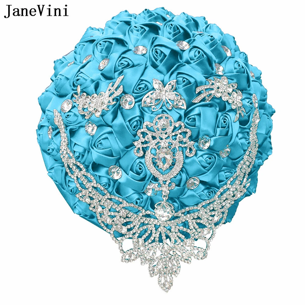 JaneVini Blue Rose Satin Bridal Bouquets Beaded Crystal Rhinestone Creative Wedding Bouquet for Bride Bridesmaids White Flower