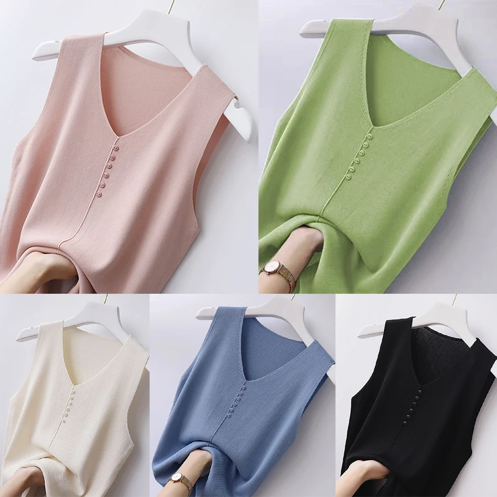 Camiseta de punto transpirable con botones y cuello en V, Tops sin mangas  informales de Color sólido, camisola básica, Top corto informal, 2024 -  AliExpress, image size:1000x1000