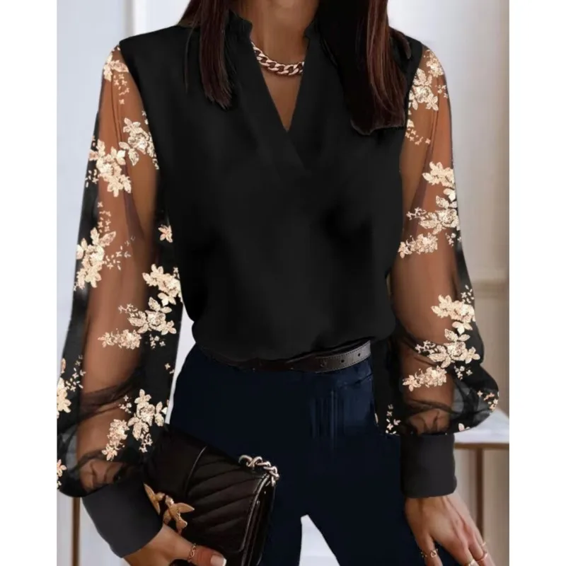 Shirts Elegant Office Ladies White Collared Lace Patchwork Hollow