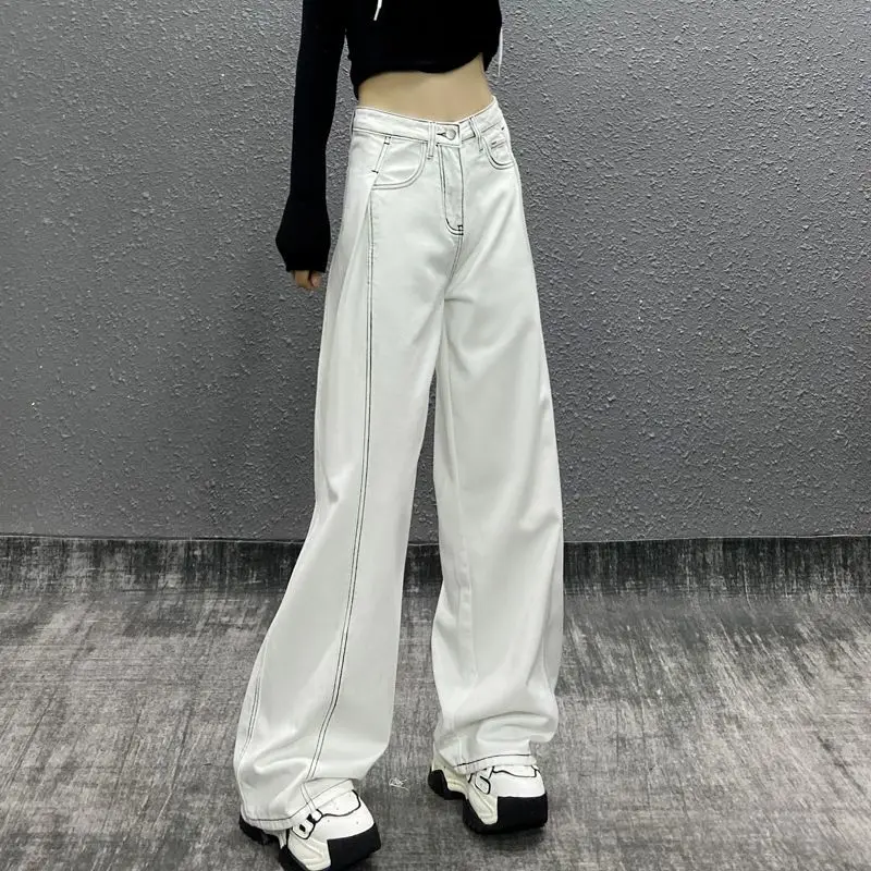 Women's Spring Summer Full Length Wide Leg Jeans Lady Chic High Waist Loose Straight Jeans Casual White Denim Pants