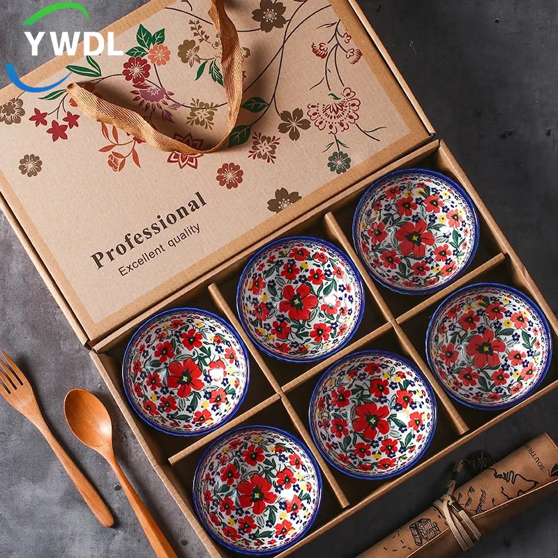 YWDL-cuenco de cerámica japonés para cereales, juego de vajilla para postres, ensaladas, aperitivos, fideos de cocina, caja de regalo segura para microondas