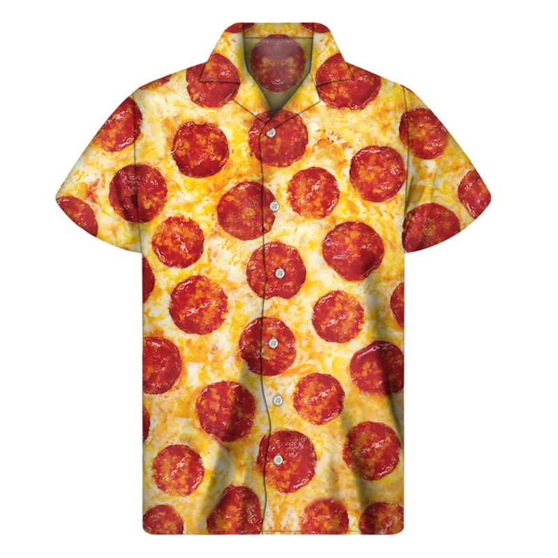 thumbnail image 1 of Camisas hawaianas con estampado 3D de pizza de dibujos animados para hombre, camisa de verano con botones de solapa, blusa holgada de manga corta para calle, 1 of 5