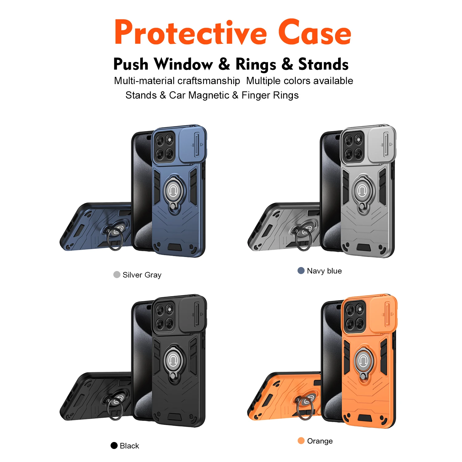 Hybrid Armor Shockproof Case with Sliding Window and Metal Ring Stand - TPU Plastic Phone Cover