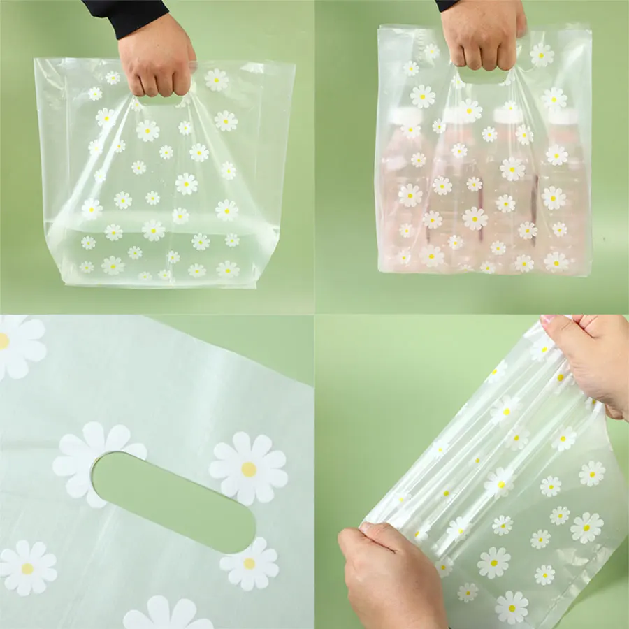 50/100Pcs Daisy Style Plastic Gift Bags With Handle, Shopping Bag Tote Bags Perfect for Mother's Day Wedding Birthday Holidays 5