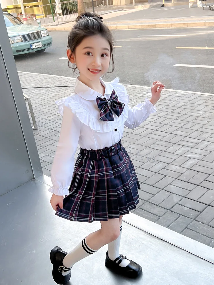 New Baby Girls JK clothes set White ruffled shirt+pleated plaid