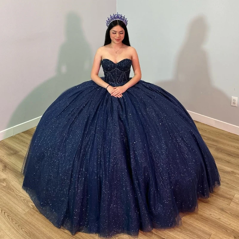

Sparkly Navy Blue Quinceanera Dress 2024 Ball Gown Off The Shoulder Corset Beads Pageant Sweet 15 Party Vestidos De XV Años Miss