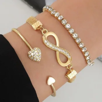 Vintage Infinity Heart Crystal Rhinestone Bracelet Set for Women Female Gold Color Metal Adjustable Bracelets Fashion Jewelry 1