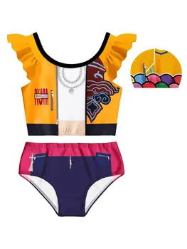 Girls' Swimsuit Set with Cartoon Print, Summer Beach Vacation Swimwear, Cute Ruffled Children's Swimsuit + Pants + Swimming Cap Three-Piece Set Suitable for Girls Aged 4-12