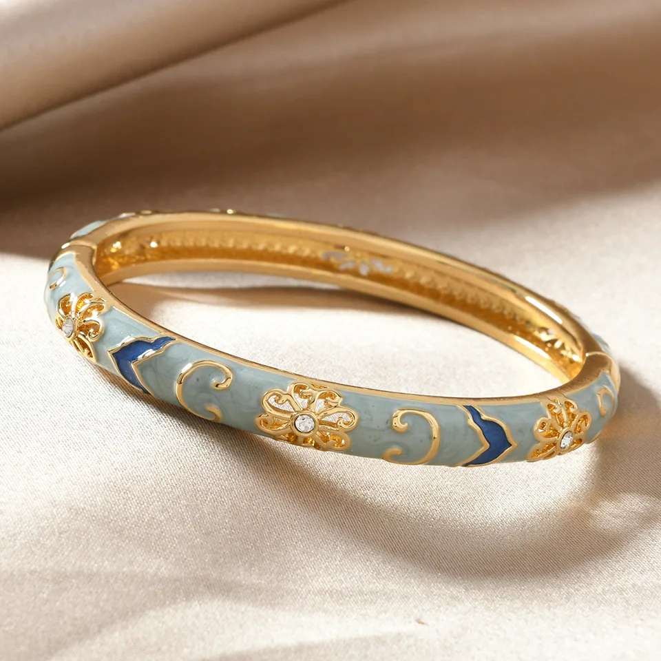 Chinese Style Luxury Stainless Steel Colorful Enamel Flower Bracelet Bangles for Women Charm Zircon Blue and White Porcelain
