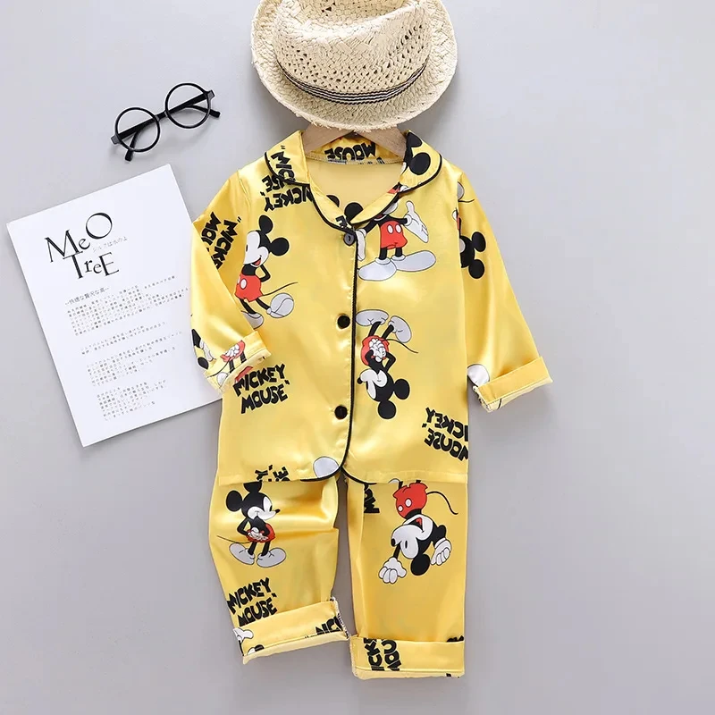 Kids Pajamas Set Disney Mickey Mouse 2Pcs Silk Satin Long Sleeve Top Trousers Baby Boys Girls Cartoon