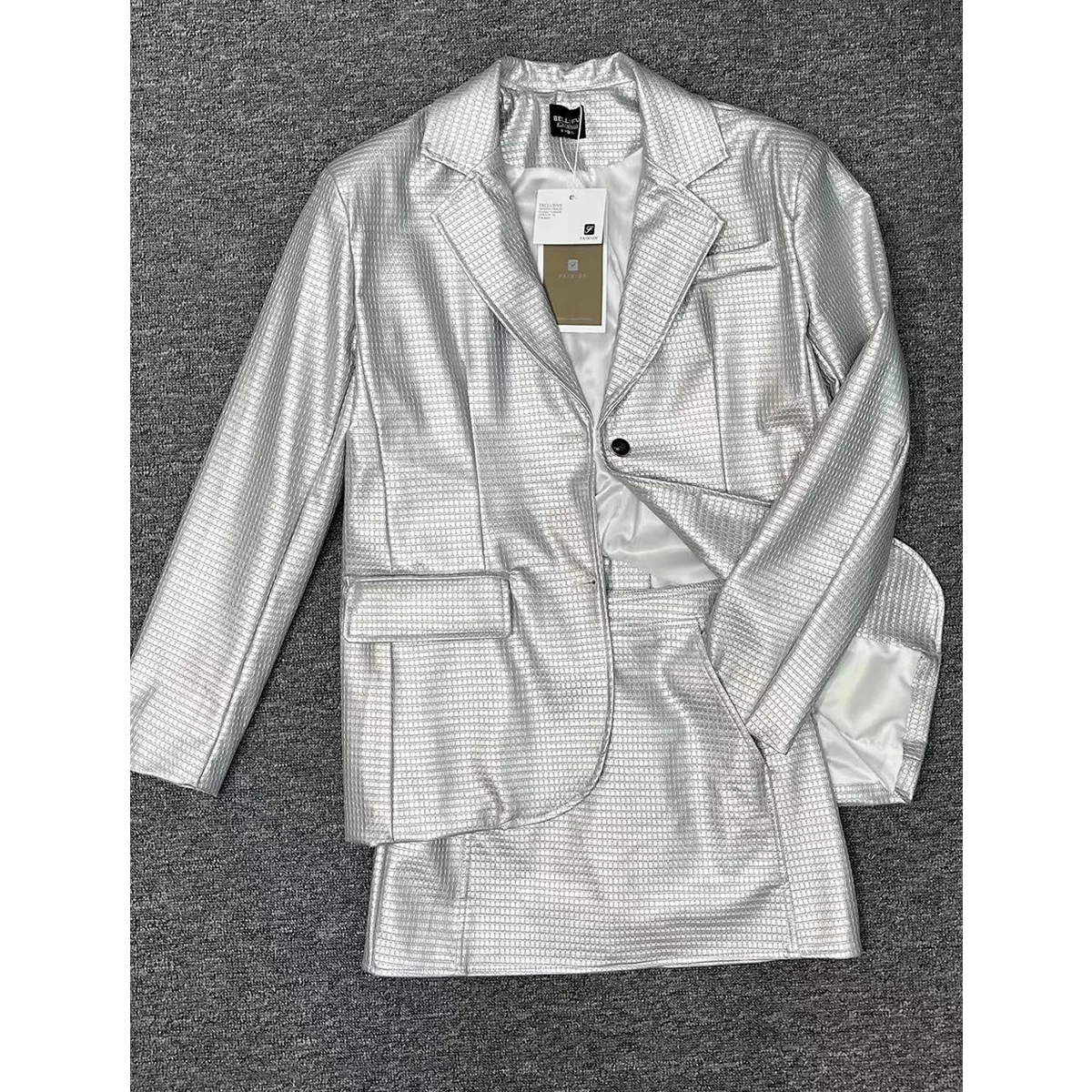 

Korean design 2023 fashion Silver Plaid print Leather Coat top quality women blazer coats + skirts Suit Skirt Set