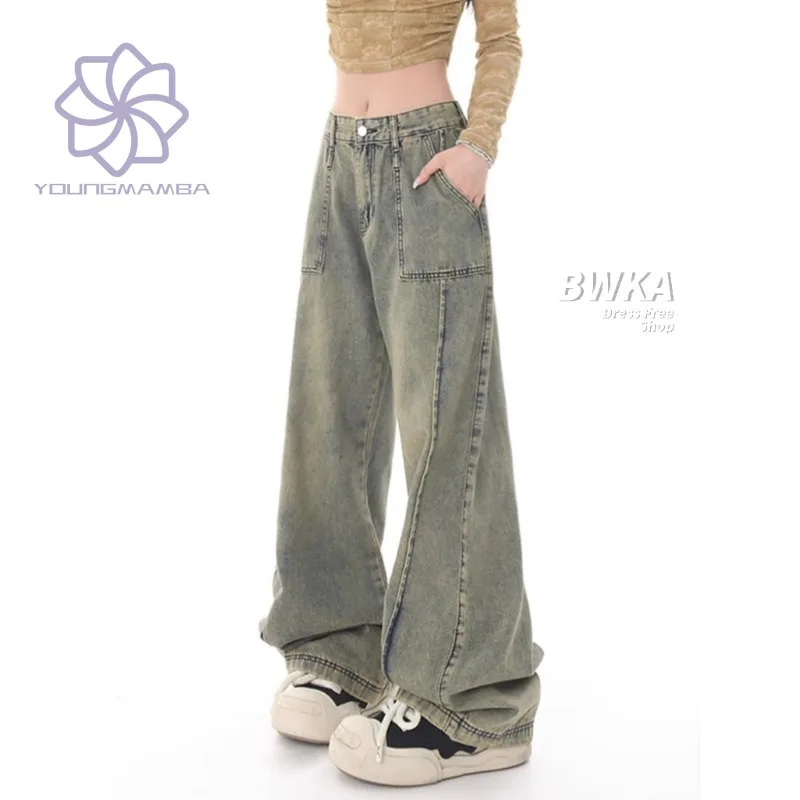 

American Yellow Mud Jeans for Women 2023 Autumn Winter Fashion Loose Wide Leg Denim Pants High Waist Straight Tube Trouser