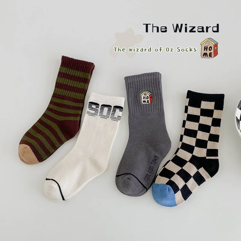 

3-12T Children's Socks Trendy Checker Pattern Crew Socks Boys Calf Socks 4 Pairs Top Grade Quality Guarantee