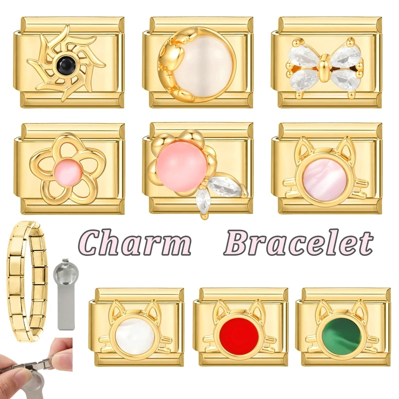 Golden Charm Zircon Butterfly Bow Cat Flower Italian Link Bracelet