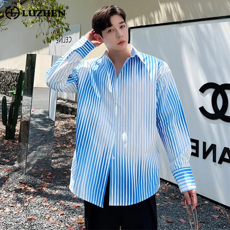 

LUZHEN Fashion Gradient Color Long Sleeve Shirt Men's Elegant Original New Stripe Casual Tops Korean Reviews Many Clothes LZ2872