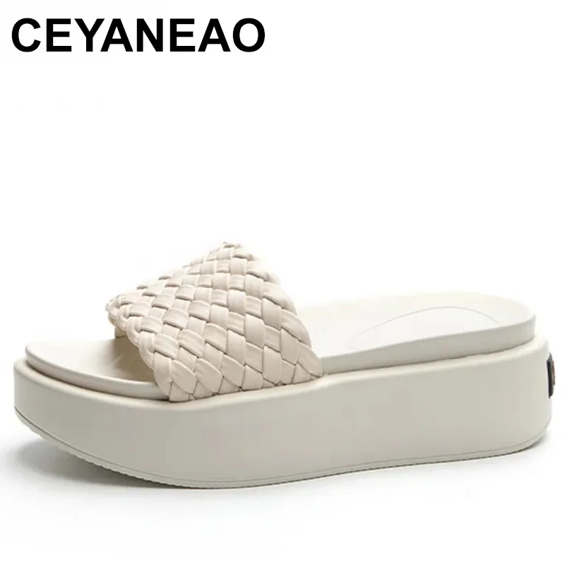 

6cm Slippers Slides Mules Weave Genuine Leather Ladies Casual Fashion Women Slip on Sandle High Brand Platform Wedge Shoes
