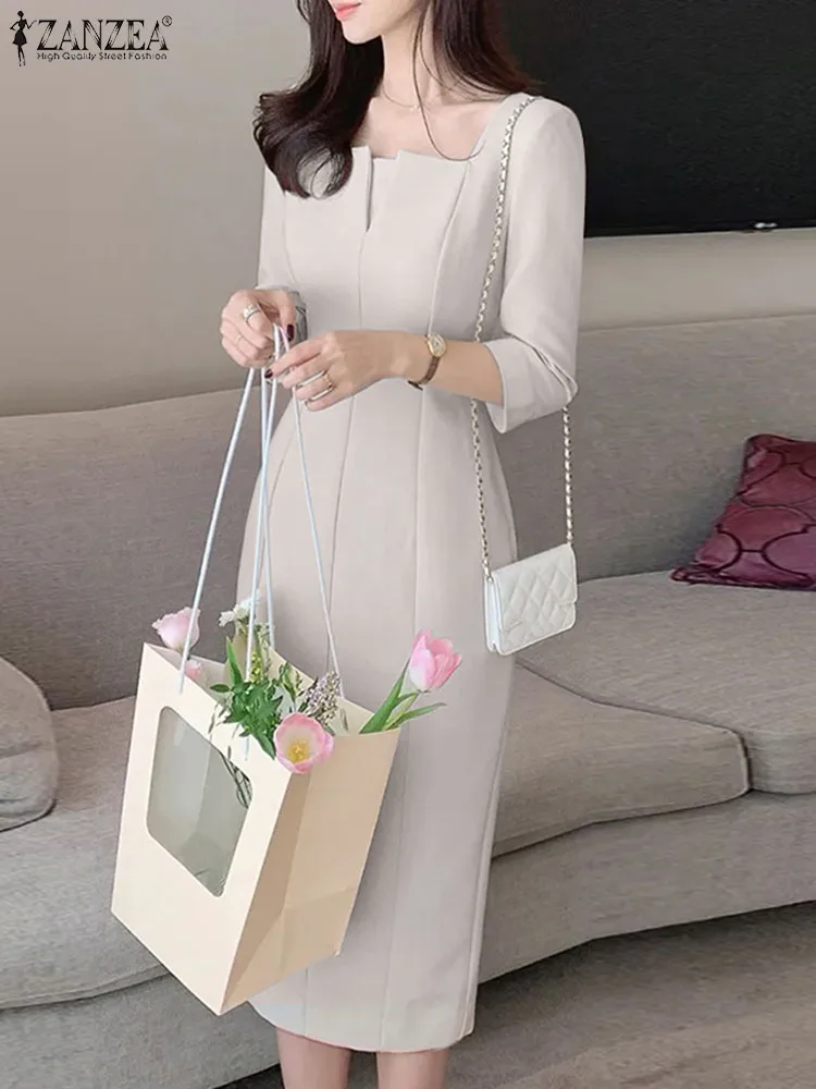 فستان ZANZEA أنيق للنساء بطول الركبة، موضة رقبة مر...