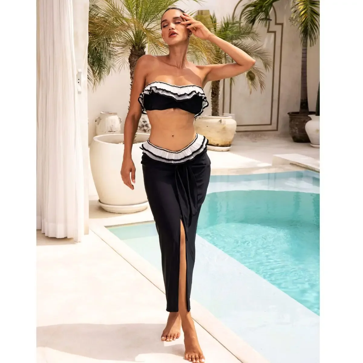 

Flaxmaker Double Ruffle Color Block Bikini Swimwear Women Beachwear Bathing Suit Sexy Lace Bikini