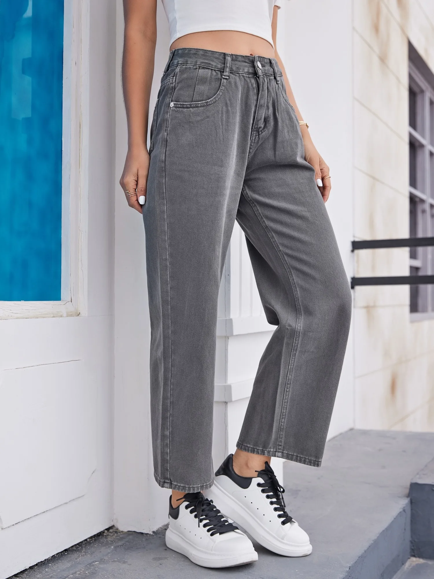 ZHISILAO New Straight Jeans Women Gray Wide Leg Pants Mom