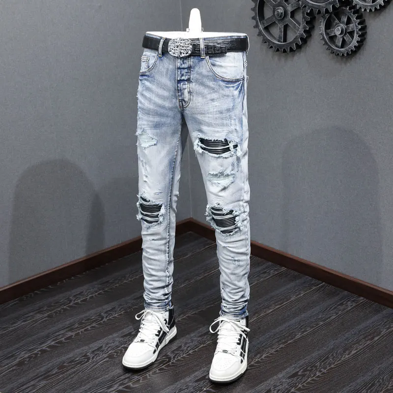Street Fashion Men Jeans Retro Light Blue Stretch Skinny Fit Leather Patched Ripped Jeans Men Brand Designer Hip Hop Denim Pants
