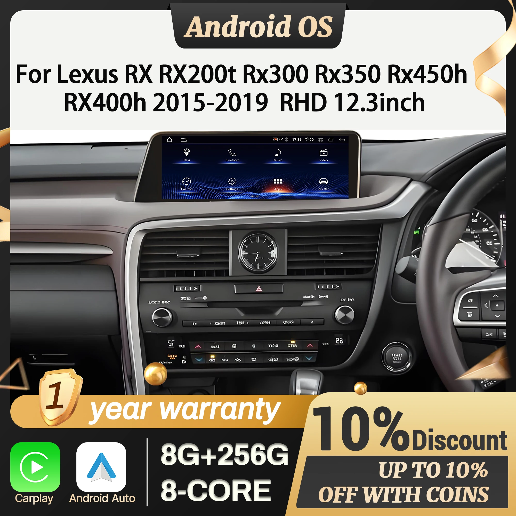 12,3 "RHD para Lexus RX RX200t Rx300 Rx350 Rx450h RX400h 2015-2019 Radio de coche inalámbrico CarPlay Multimedia pantalla Snapdragon 680 1