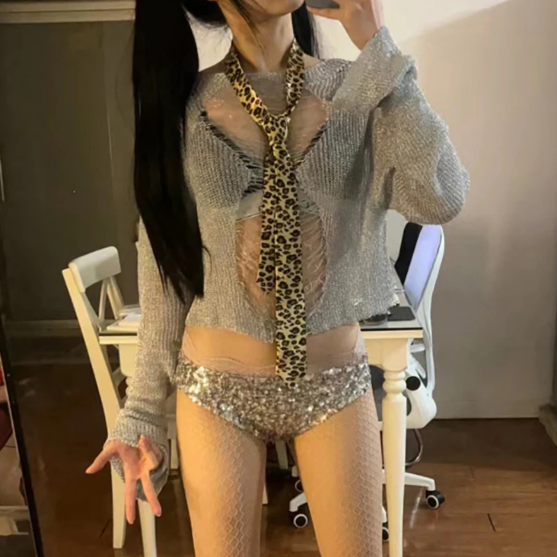 Sexy Hip Hop Sequined Low Waist Briefs Women's Nightclub Disco Thin Looking Cool Hot Pants
