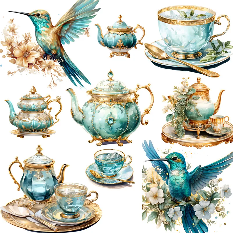 12Pcs/Pack Exquisite Tea Pot and Cup Sticker DIY Craft Scrapbooking Album Junk Journal Decorative Stickers