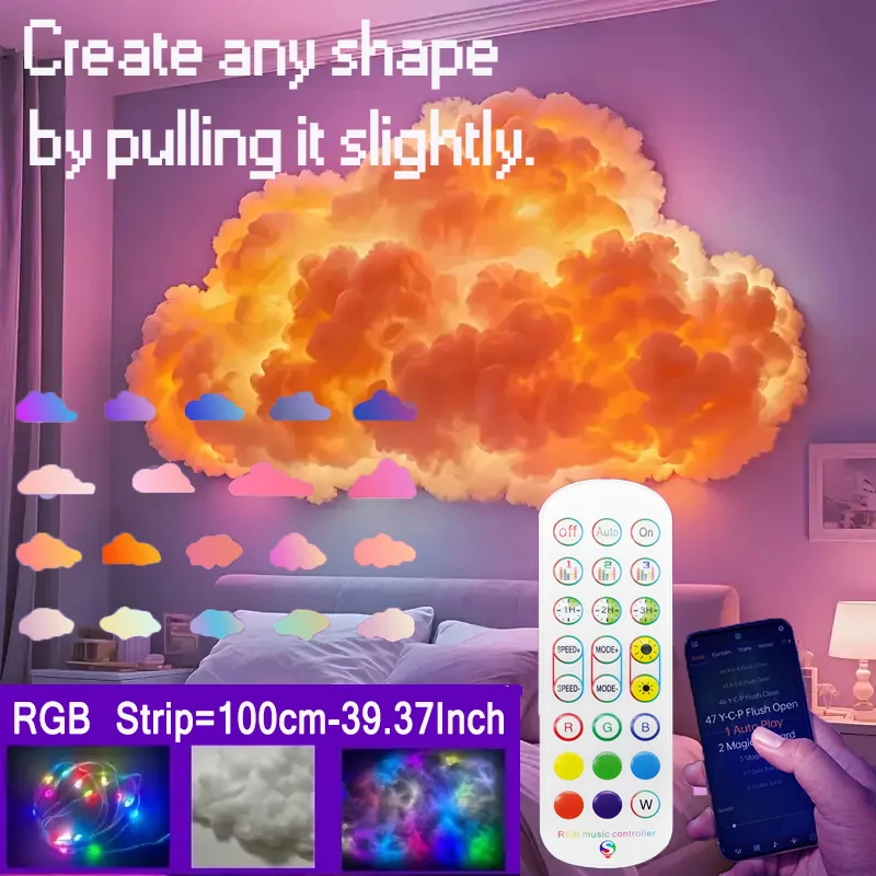 תאורת ענן 3D בעלת נורת LED בצבעים מרובים לחדר השינה, עננים צבעוניים, אטמוספירה צבעונית, ענן כותנה יצירתי DIY