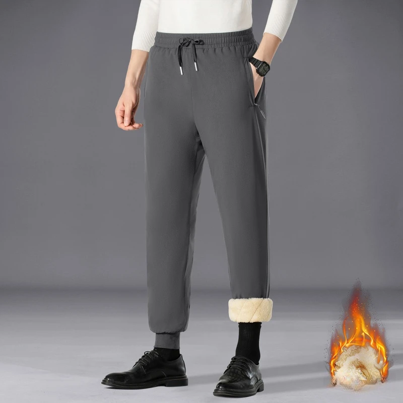 UETEEY Winter Warm Fleece Pants Men Graphene Fabric Knee Thicken Lambswool Casual Trousers Windproof Lamb Suede Male Sweatpants