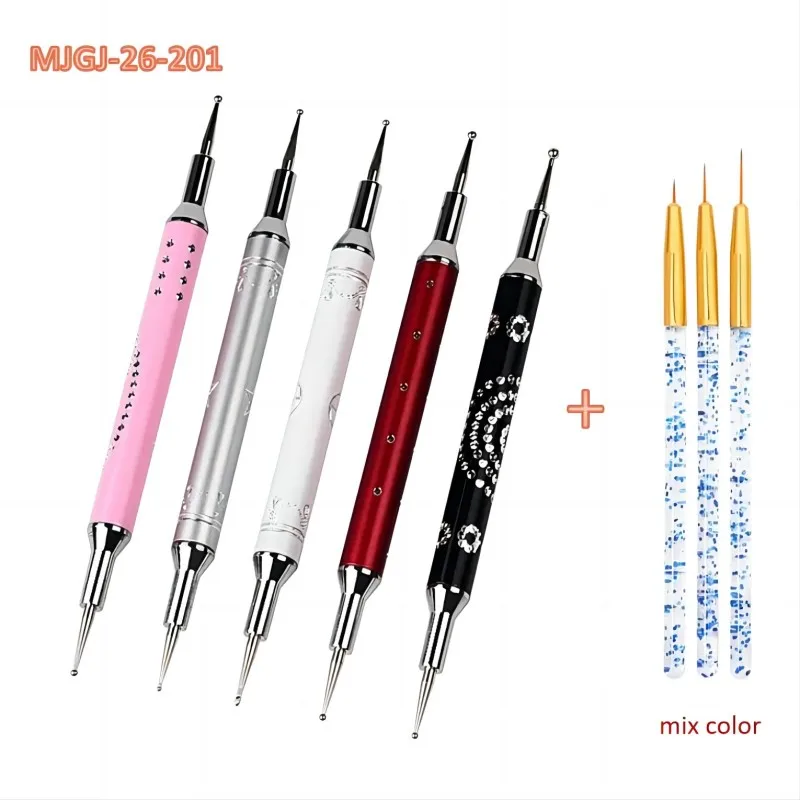 5pcs/set nail design rhinestones picker Double metal head painting dotting pen with nail Liner Drawing Painting Brush Tool Kits 4